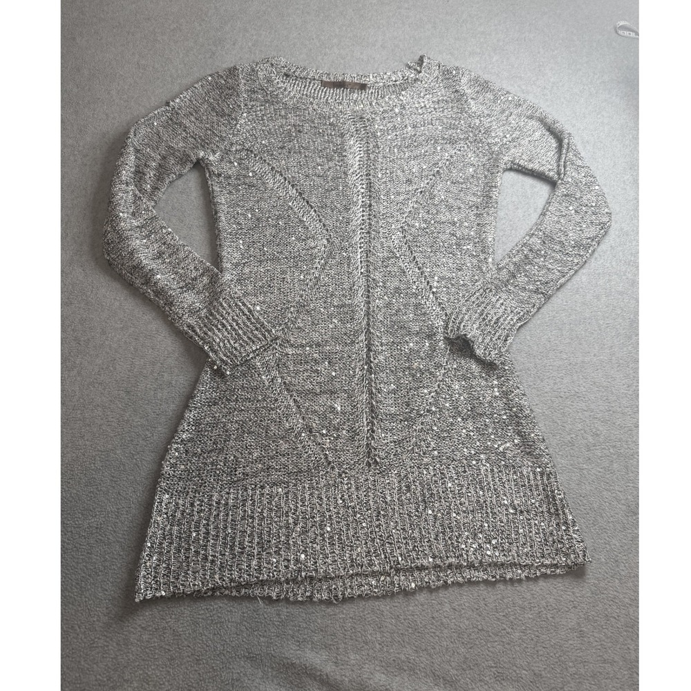 Beldini Silver Metallic Sequin Tunic Sweater Womens Small Long Sleeve Knit Top